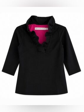 Gretchen Scott Designs Black Top with Pink Lined Ruffled V-Neck